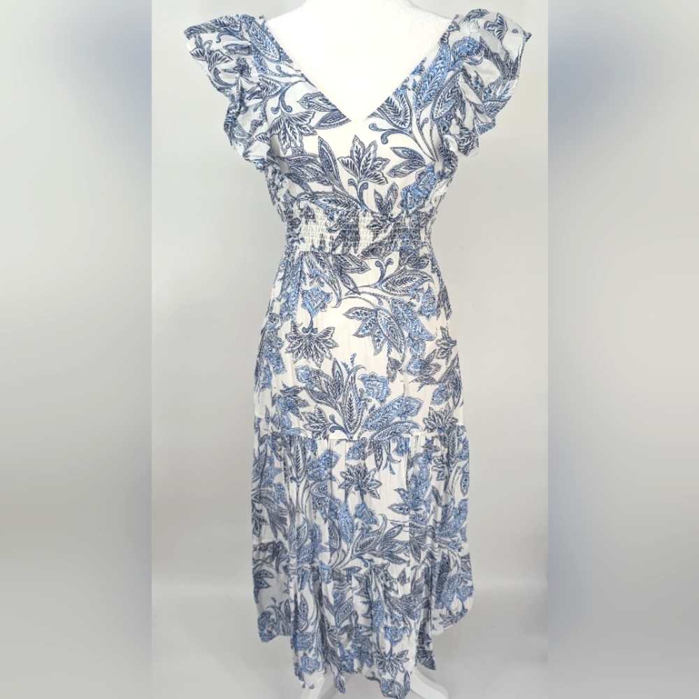 Joie Blue White Paisley Floral Cap Sleeve Ruffled Tiered Midi Dress Medium